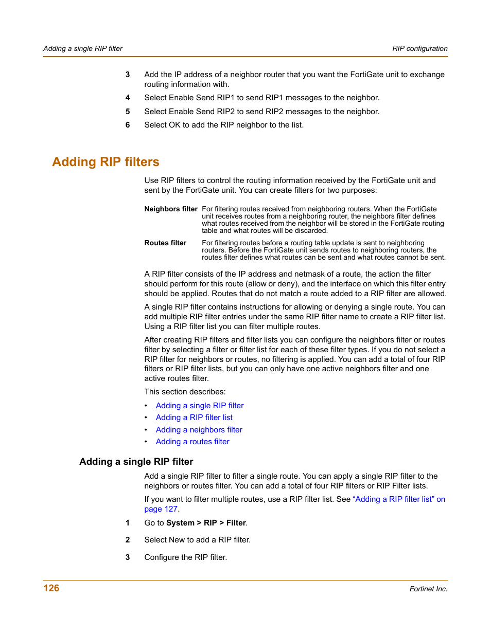 Adding rip filters, Adding a single rip filter | Fortinet FortiGate 100 User Manual | Page 126 / 272