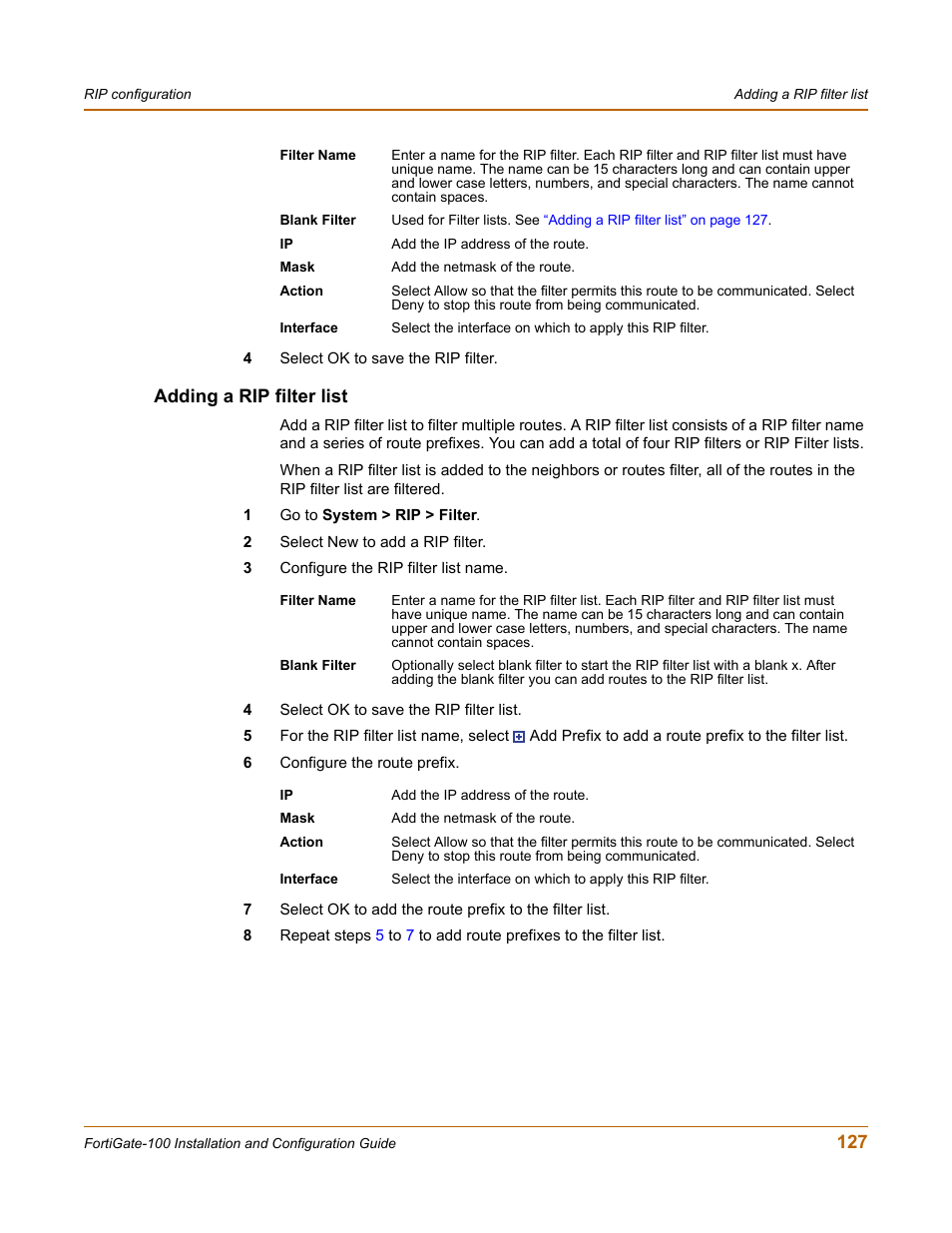 Adding a rip filter list, Adding a rip filter list” on | Fortinet FortiGate 100 User Manual | Page 127 / 272