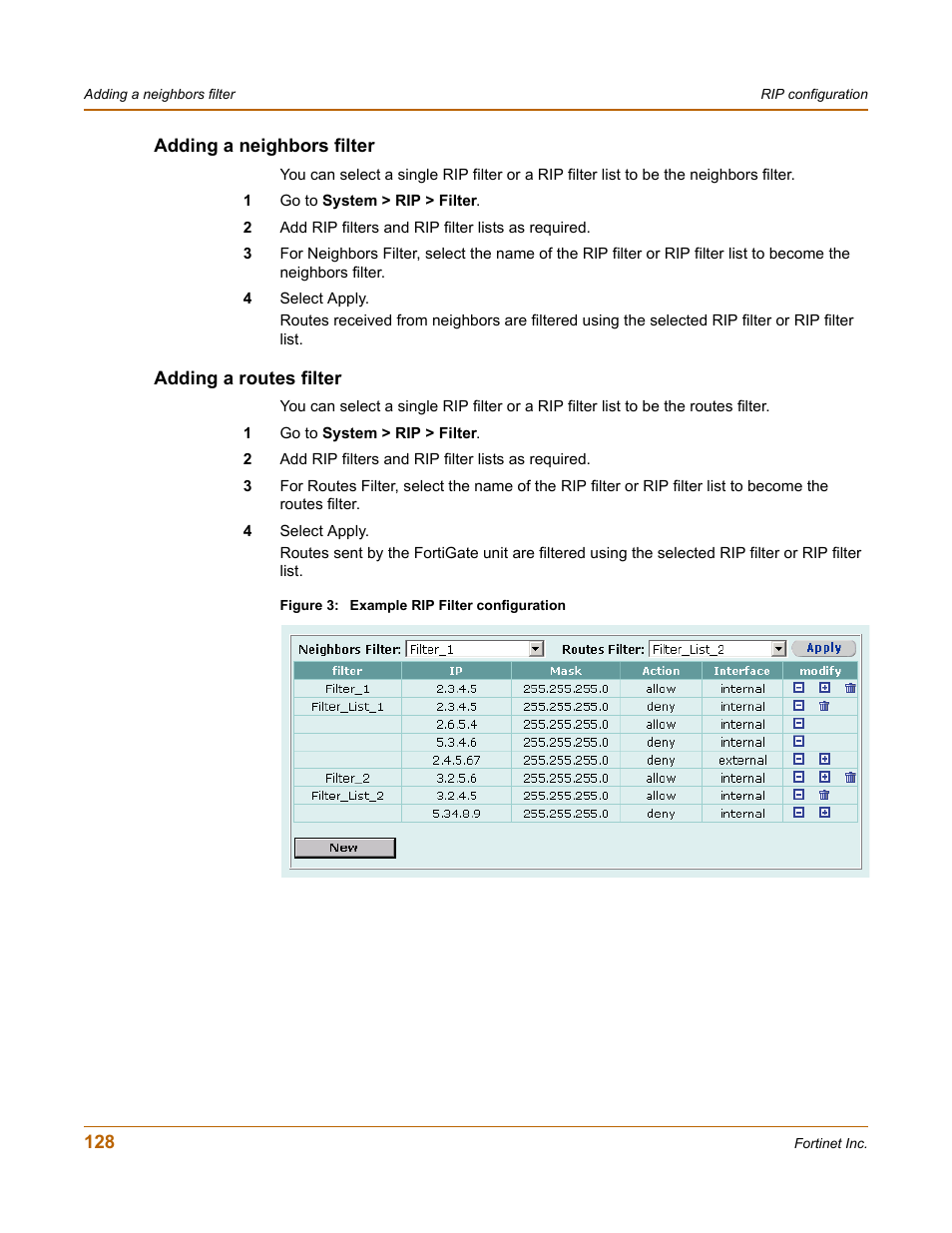 Adding a neighbors filter, Adding a routes filter, Adding a neighbors filter adding a routes filter | Fortinet FortiGate 100 User Manual | Page 128 / 272