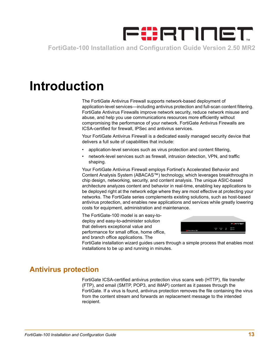 Introduction, Antivirus protection | Fortinet FortiGate 100 User Manual | Page 13 / 272