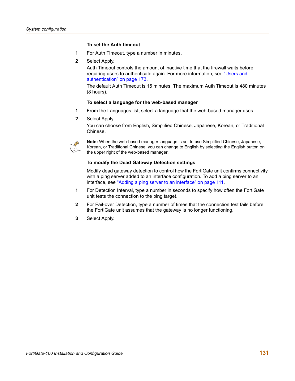 To modify the dead gateway detection settings” on | Fortinet FortiGate 100 User Manual | Page 131 / 272