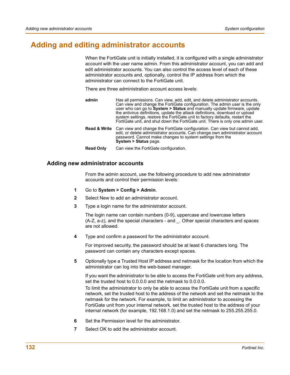 Adding and editing administrator accounts, Adding new administrator accounts | Fortinet FortiGate 100 User Manual | Page 132 / 272