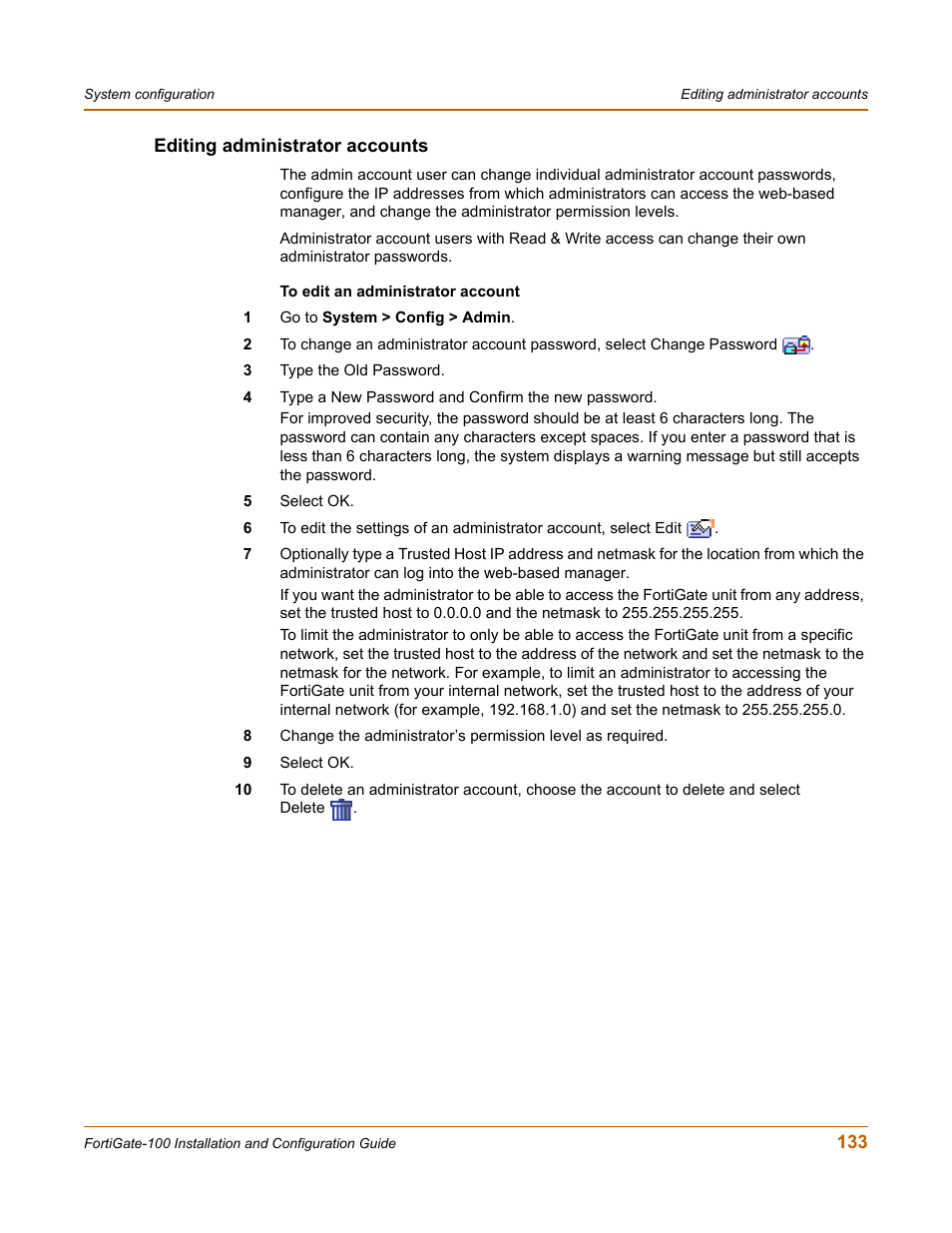 Editing administrator accounts | Fortinet FortiGate 100 User Manual | Page 133 / 272