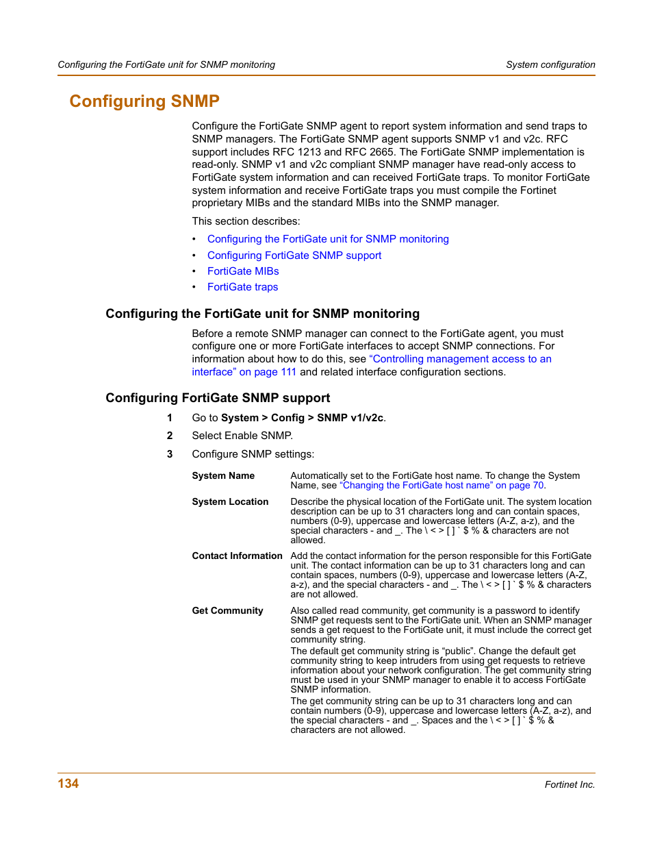 Configuring snmp, Configuring the fortigate unit for snmp monitoring, Configuring fortigate snmp support | Fortinet FortiGate 100 User Manual | Page 134 / 272