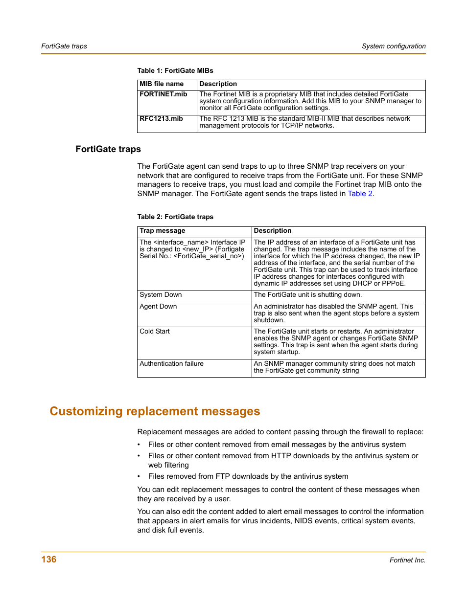 Fortigate traps, Customizing replacement messages | Fortinet FortiGate 100 User Manual | Page 136 / 272