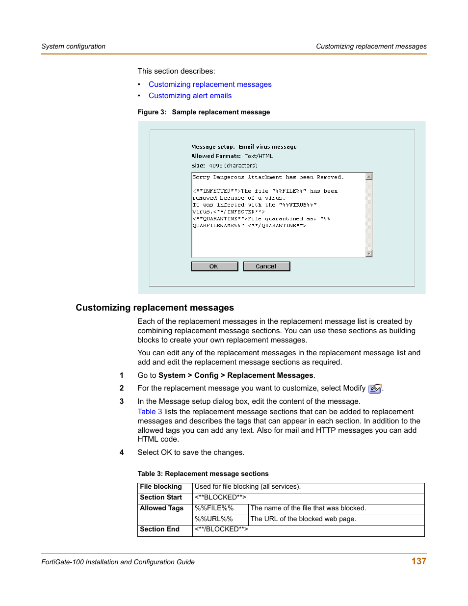 Customizing replacement messages | Fortinet FortiGate 100 User Manual | Page 137 / 272