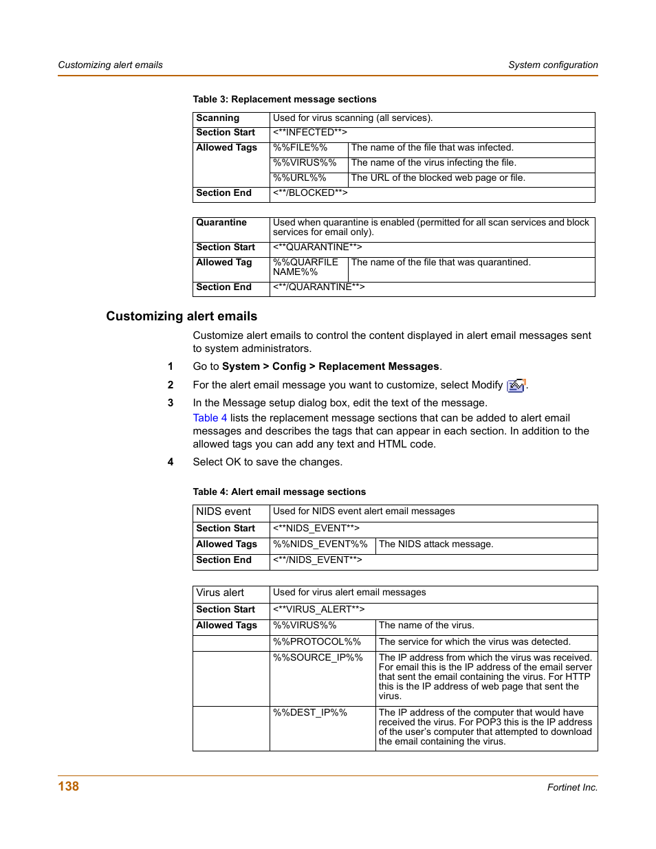 Customizing alert emails | Fortinet FortiGate 100 User Manual | Page 138 / 272