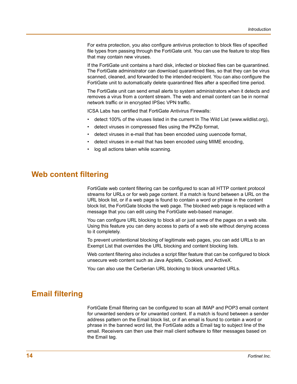 Web content filtering, Email filtering, Web content filtering email filtering | Fortinet FortiGate 100 User Manual | Page 14 / 272