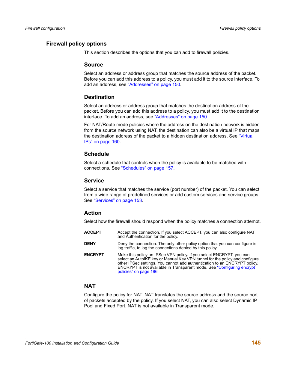 Firewall policy options, Source, Destination | Schedule, Service, Action | Fortinet FortiGate 100 User Manual | Page 145 / 272