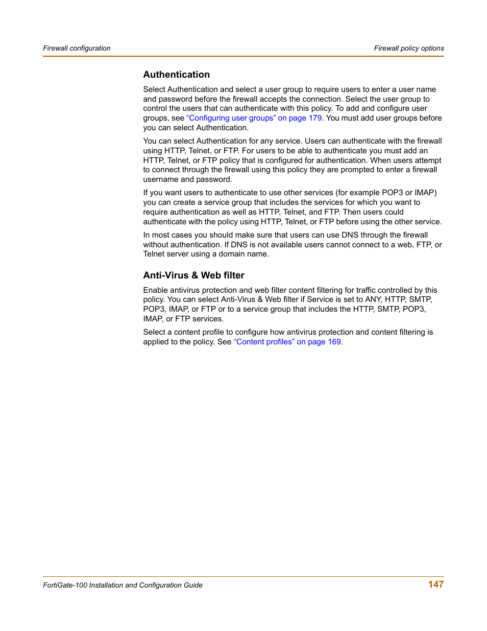 Authentication, Anti-virus & web filter | Fortinet FortiGate 100 User Manual | Page 147 / 272