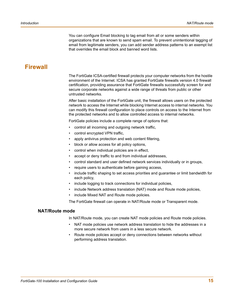 Firewall, Nat/route mode | Fortinet FortiGate 100 User Manual | Page 15 / 272