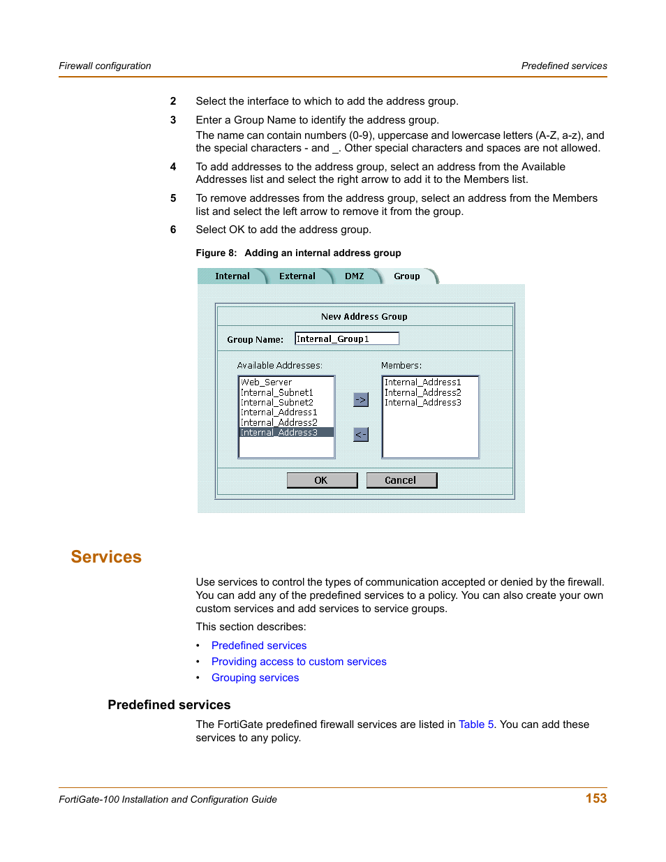 Services, Predefined services | Fortinet FortiGate 100 User Manual | Page 153 / 272