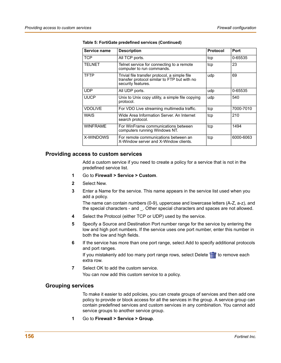 Providing access to custom services, Grouping services | Fortinet FortiGate 100 User Manual | Page 156 / 272