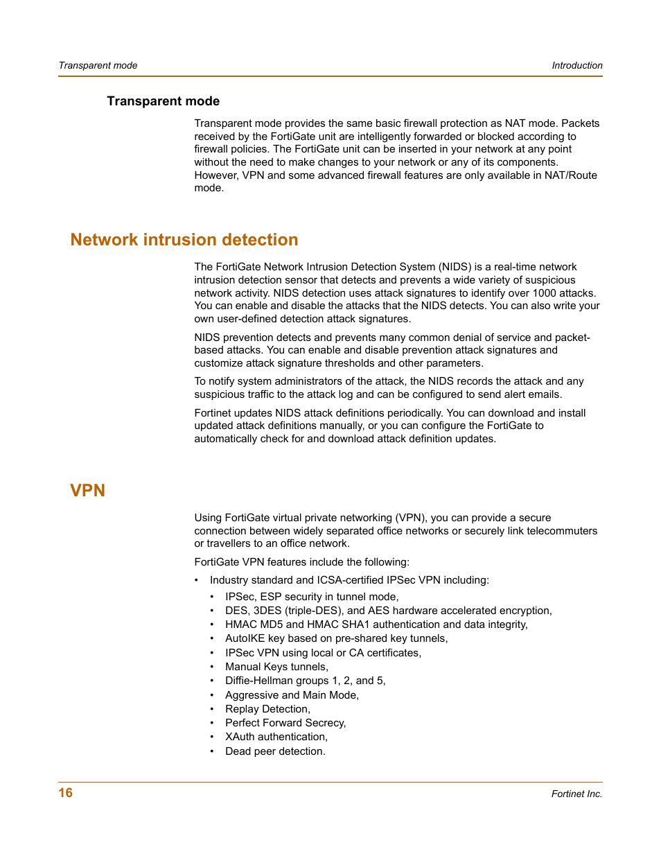 Transparent mode, Network intrusion detection, Network intrusion detection vpn | Fortinet FortiGate 100 User Manual | Page 16 / 272