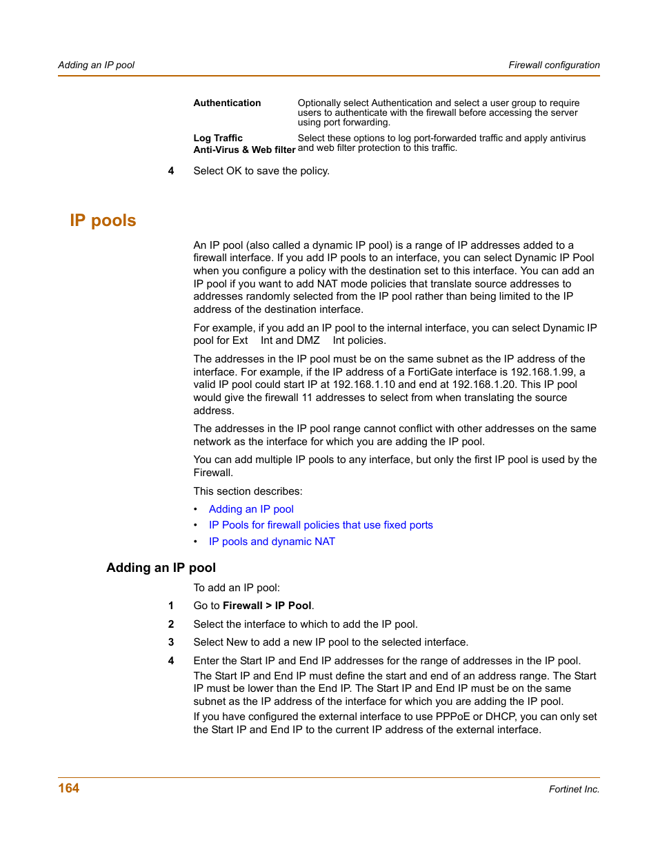 Ip pools, Adding an ip pool | Fortinet FortiGate 100 User Manual | Page 164 / 272