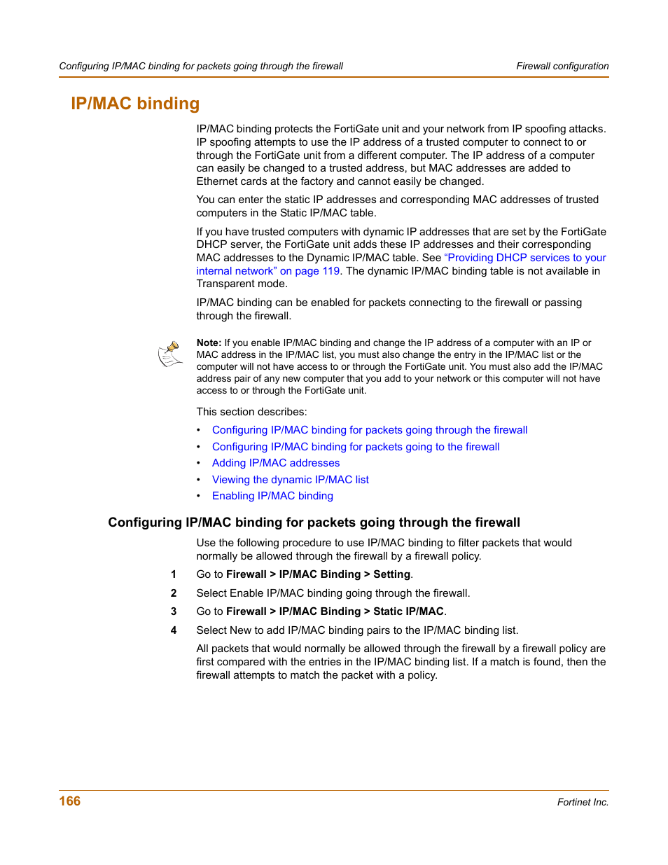 Ip/mac binding, Ip/mac binding” on | Fortinet FortiGate 100 User Manual | Page 166 / 272