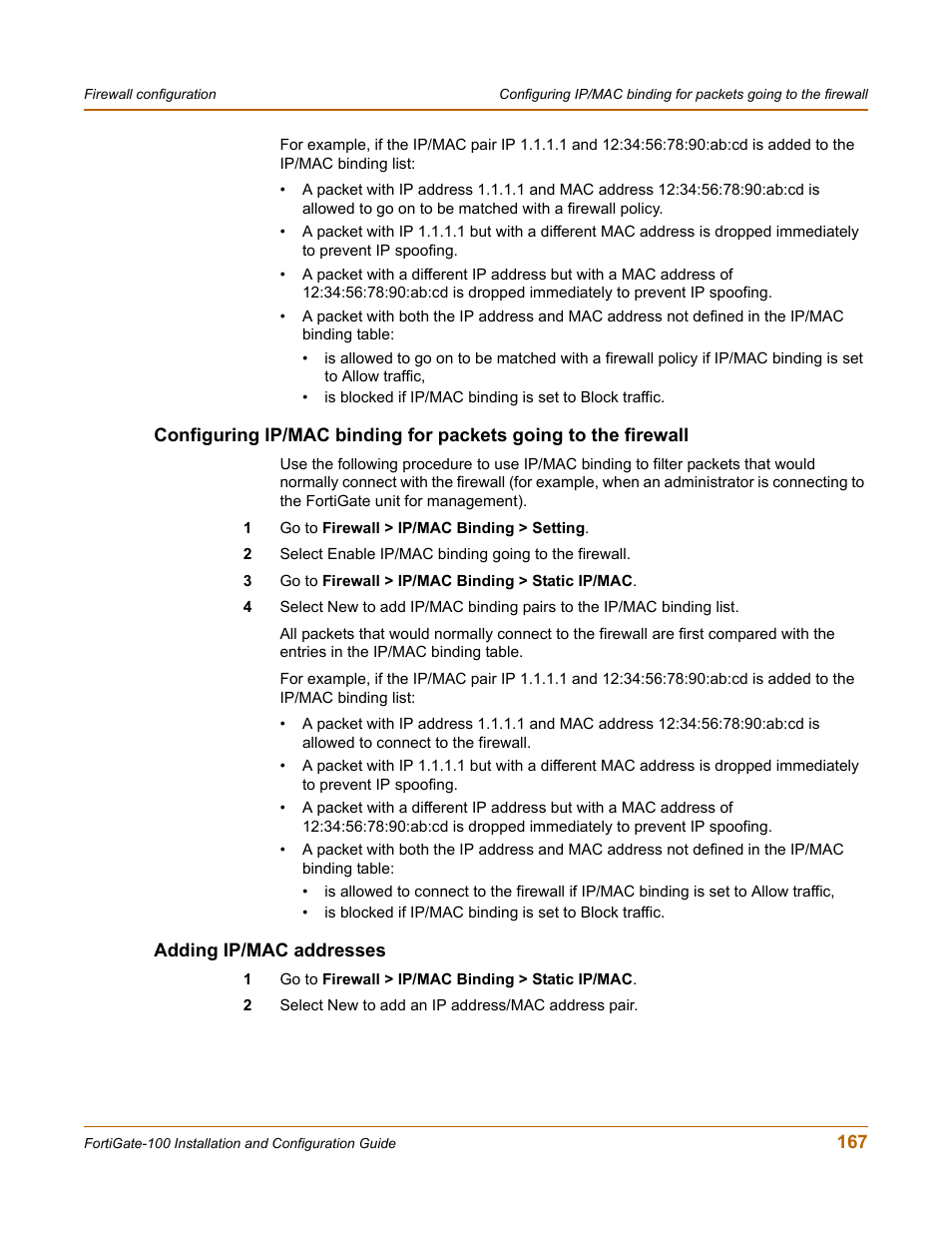 Adding ip/mac addresses | Fortinet FortiGate 100 User Manual | Page 167 / 272