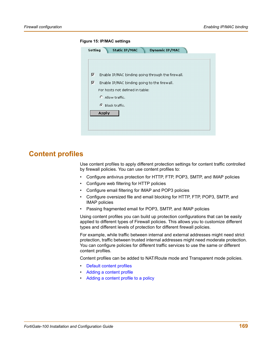 Content profiles | Fortinet FortiGate 100 User Manual | Page 169 / 272