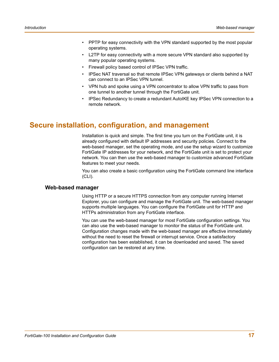 Secure installation, configuration, and management, Web-based manager | Fortinet FortiGate 100 User Manual | Page 17 / 272