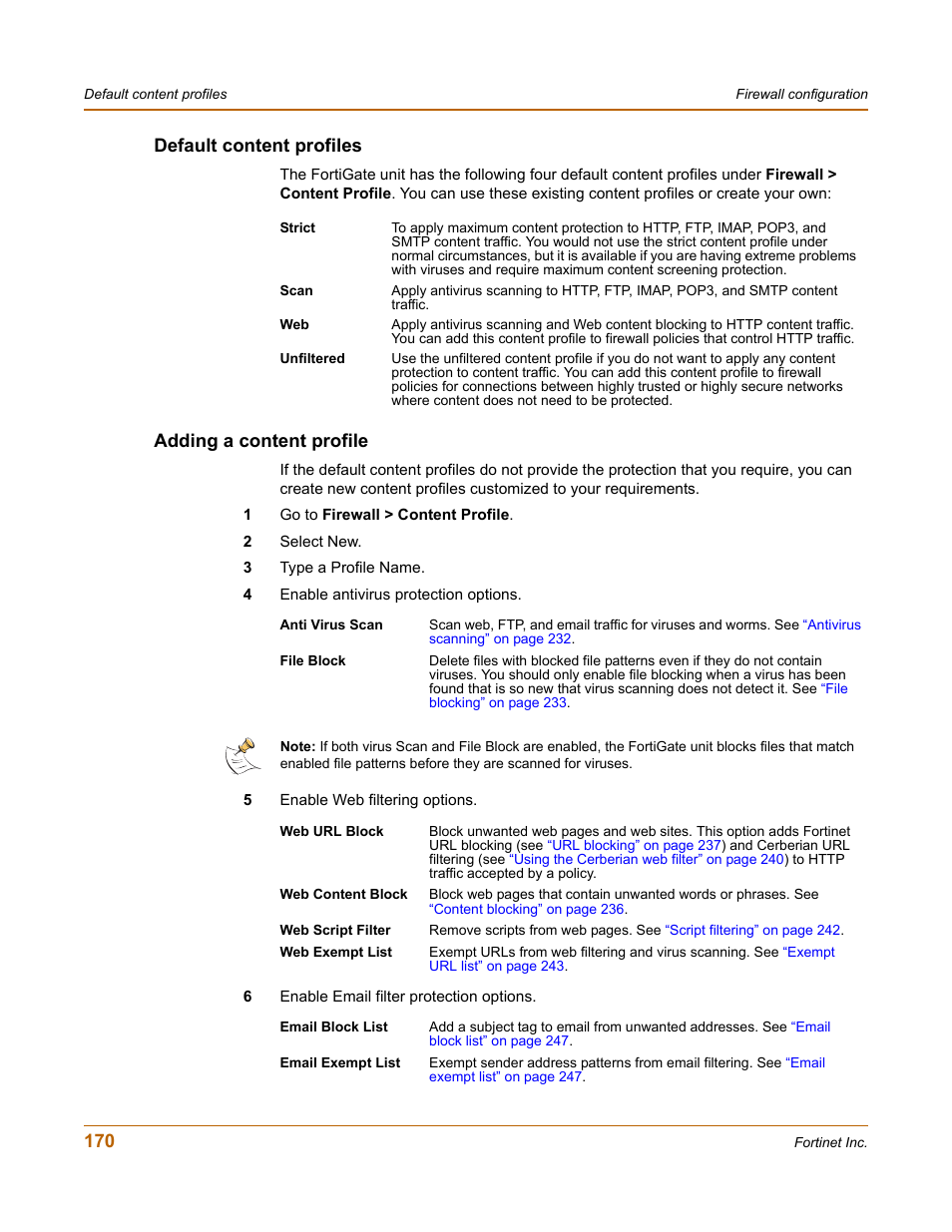 Default content profiles, Adding a content profile, Default content profiles adding a content profile | Fortinet FortiGate 100 User Manual | Page 170 / 272