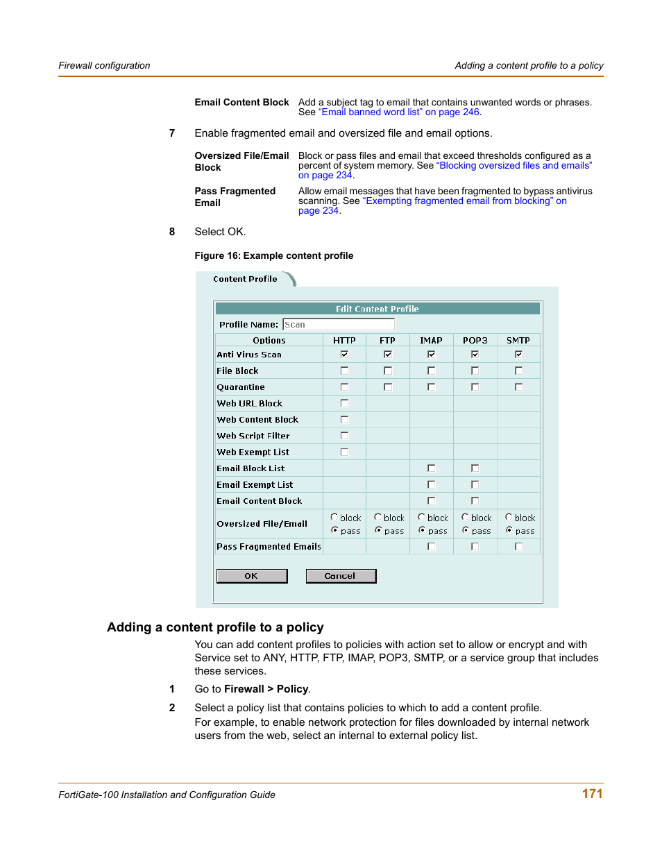 Adding a content profile to a policy | Fortinet FortiGate 100 User Manual | Page 171 / 272