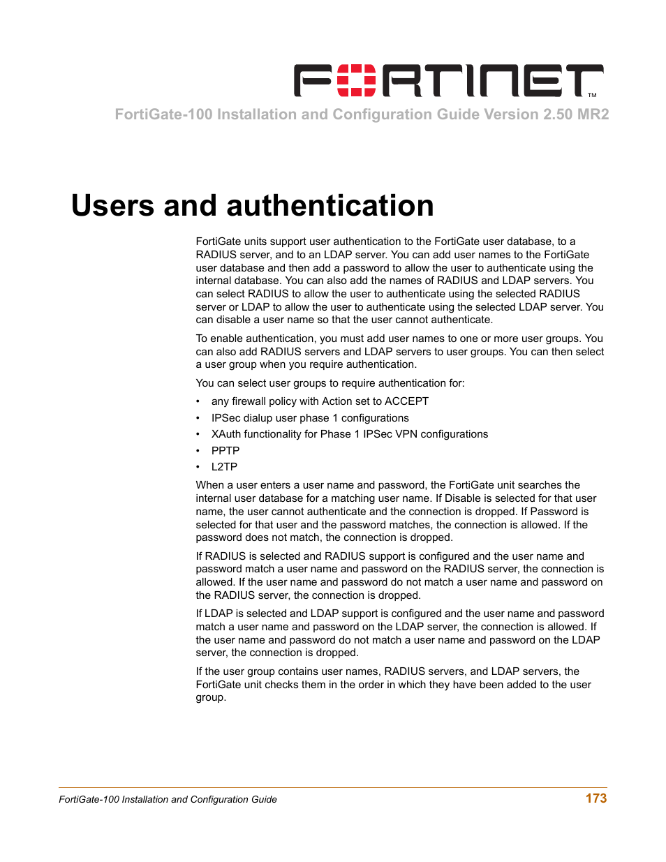 Users and authentication, Users and | Fortinet FortiGate 100 User Manual | Page 173 / 272