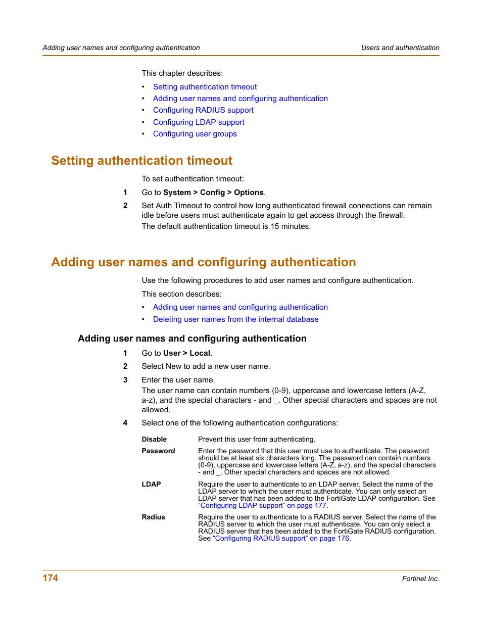 Setting authentication timeout, Adding user names and configuring authentication | Fortinet FortiGate 100 User Manual | Page 174 / 272