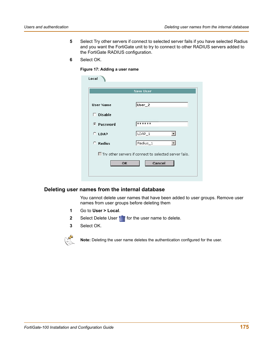 Deleting user names from the internal database | Fortinet FortiGate 100 User Manual | Page 175 / 272