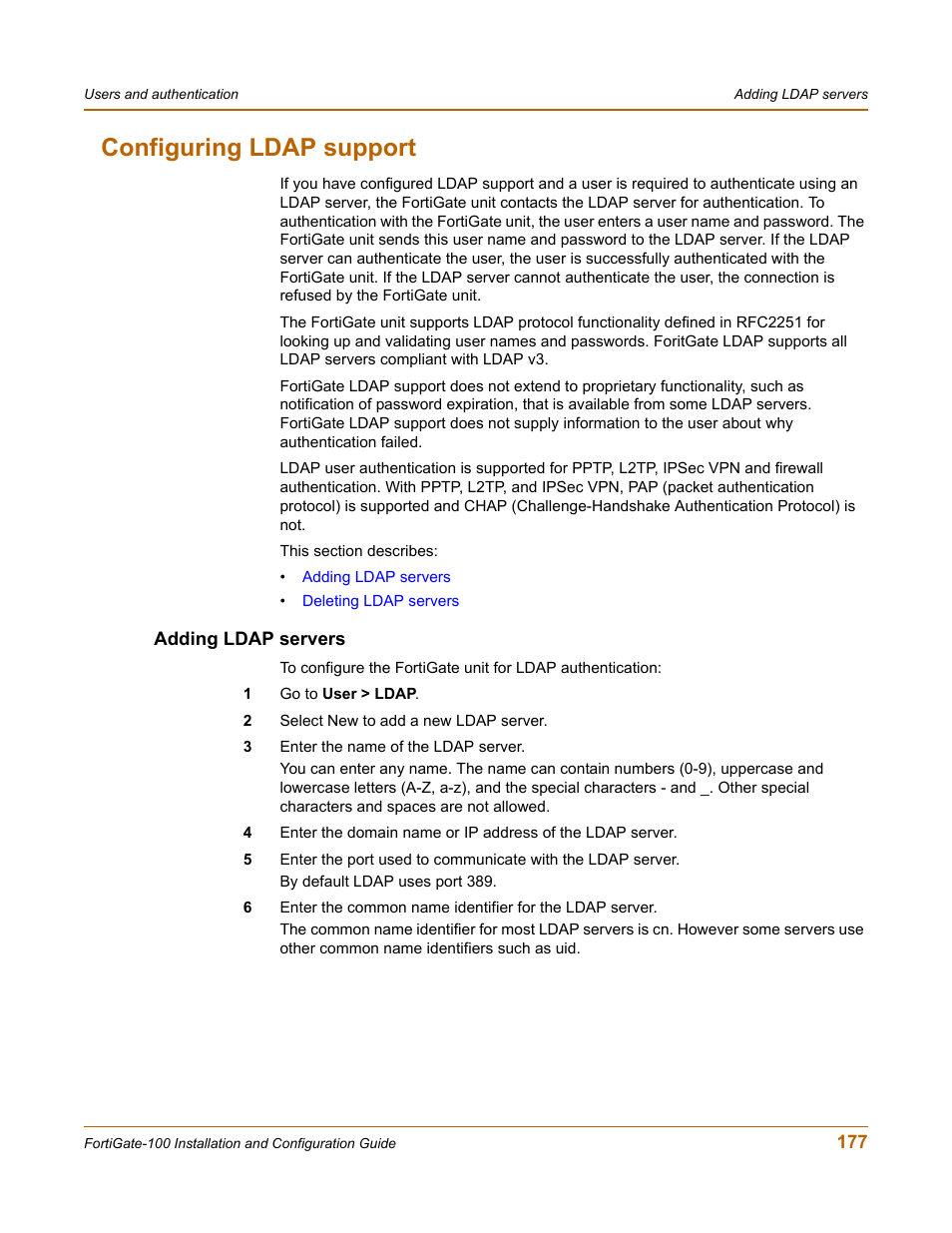 Configuring ldap support, Adding ldap servers | Fortinet FortiGate 100 User Manual | Page 177 / 272