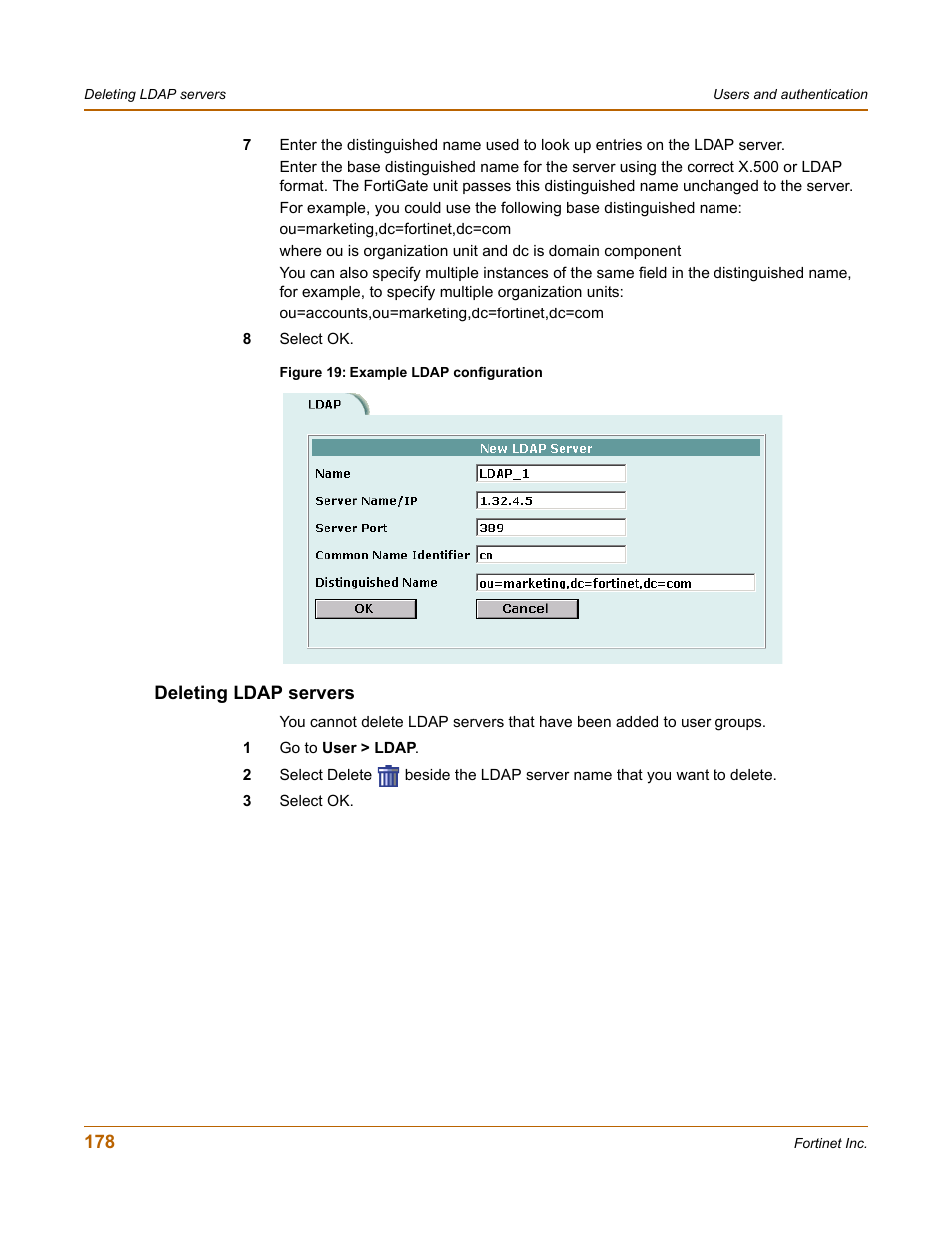 Deleting ldap servers | Fortinet FortiGate 100 User Manual | Page 178 / 272