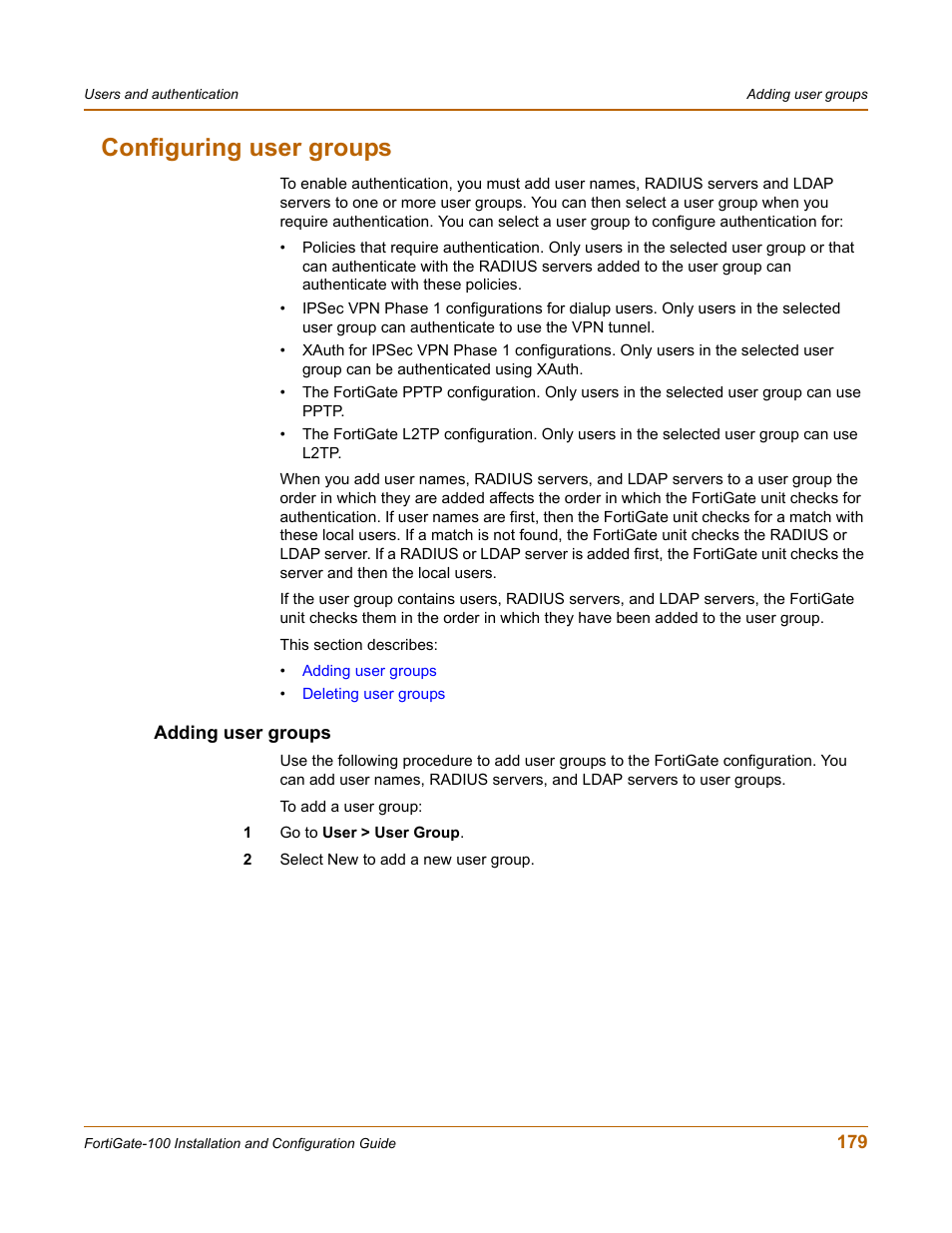 Configuring user groups, Adding user groups | Fortinet FortiGate 100 User Manual | Page 179 / 272