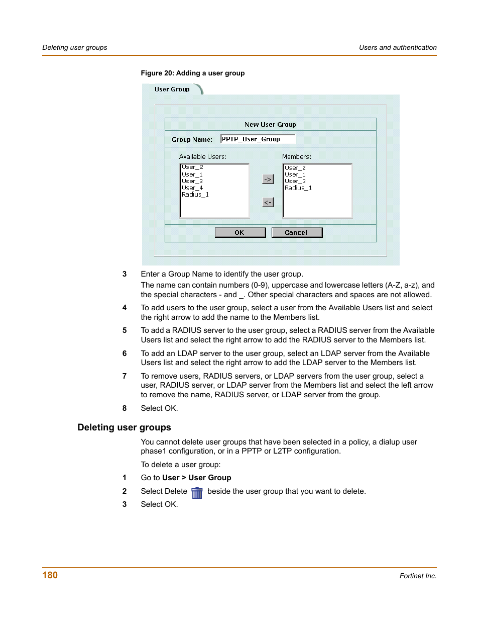 Deleting user groups | Fortinet FortiGate 100 User Manual | Page 180 / 272