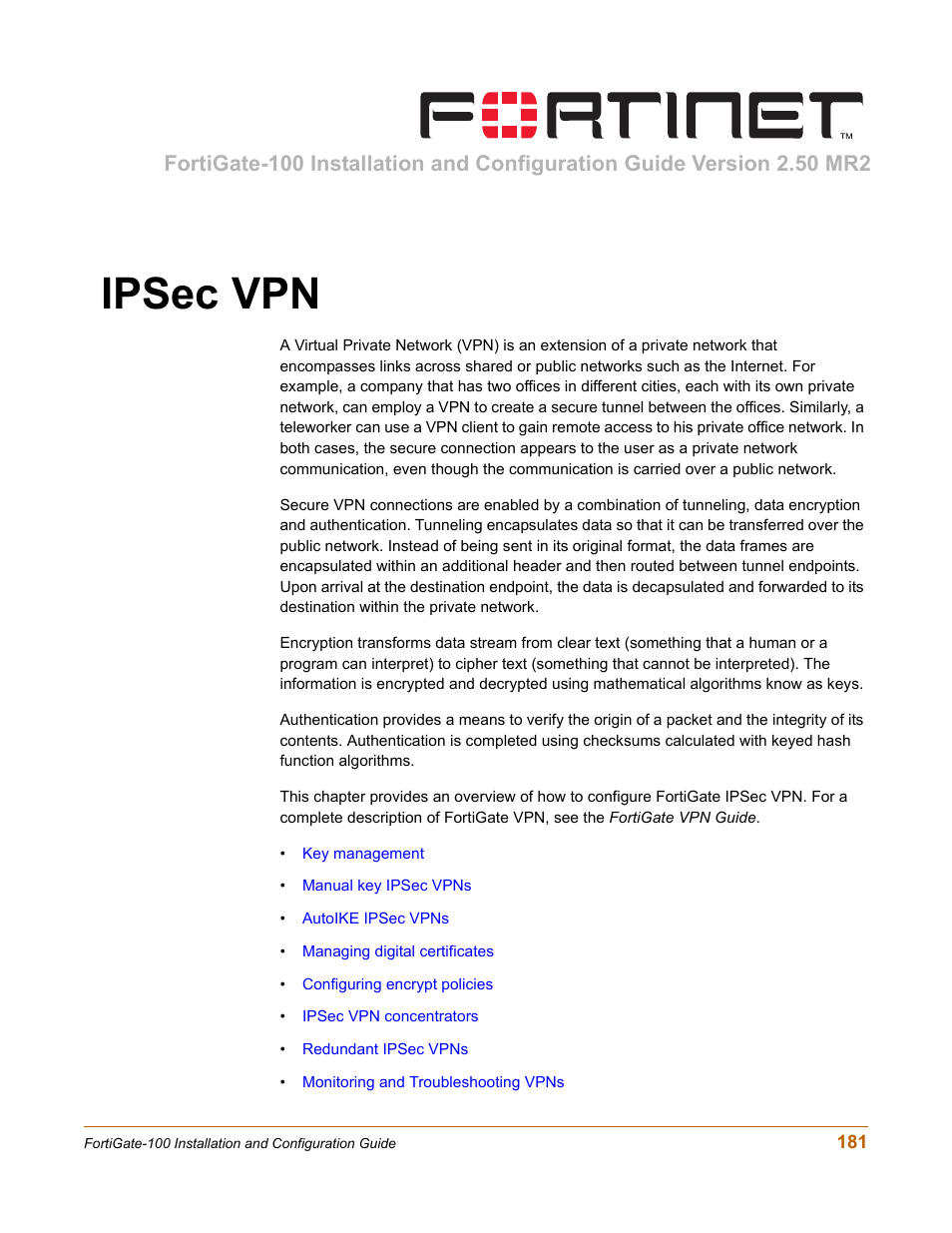 Ipsec vpn | Fortinet FortiGate 100 User Manual | Page 181 / 272