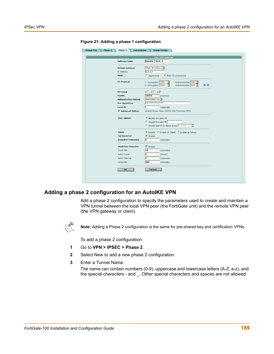 Adding a phase 2 configuration for an autoike vpn, Adding a phase 2 configuration for an autoike | Fortinet FortiGate 100 User Manual | Page 189 / 272