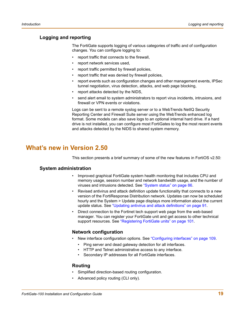 Logging and reporting, What’s new in version 2.50, System administration | Network configuration, Routing | Fortinet FortiGate 100 User Manual | Page 19 / 272