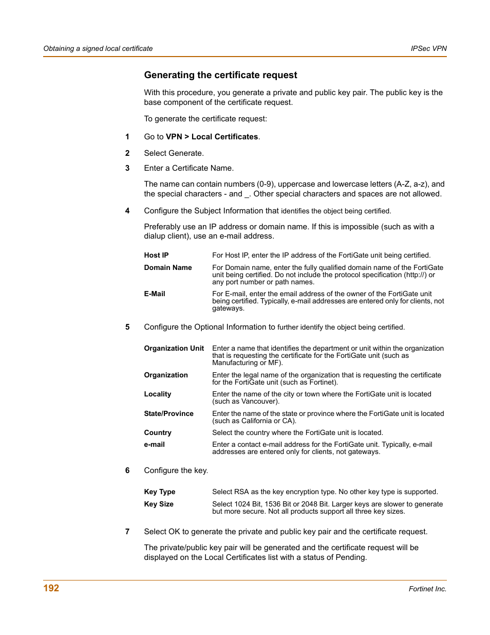 Generating the certificate request | Fortinet FortiGate 100 User Manual | Page 192 / 272