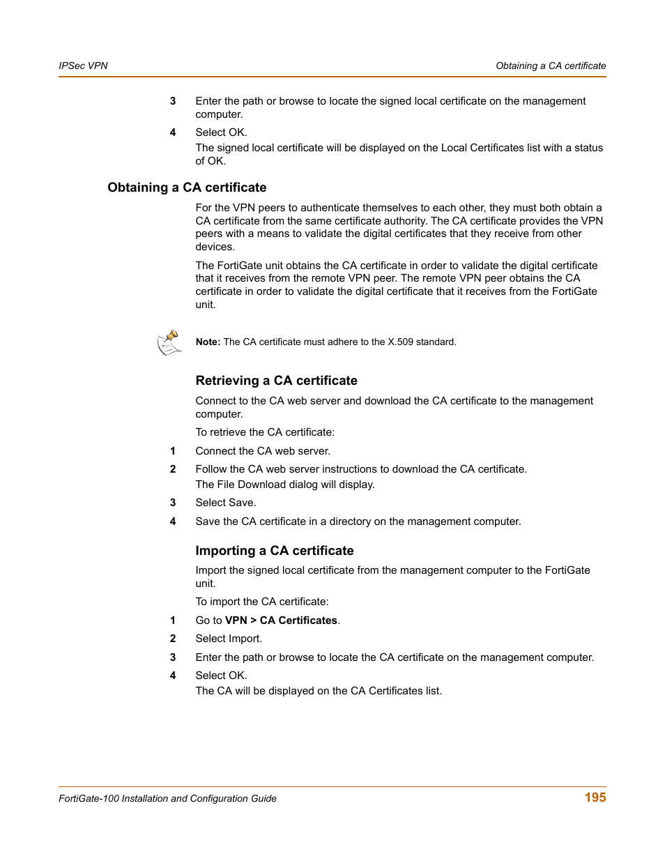 Obtaining a ca certificate, Retrieving a ca certificate, Importing a ca certificate | Fortinet FortiGate 100 User Manual | Page 195 / 272