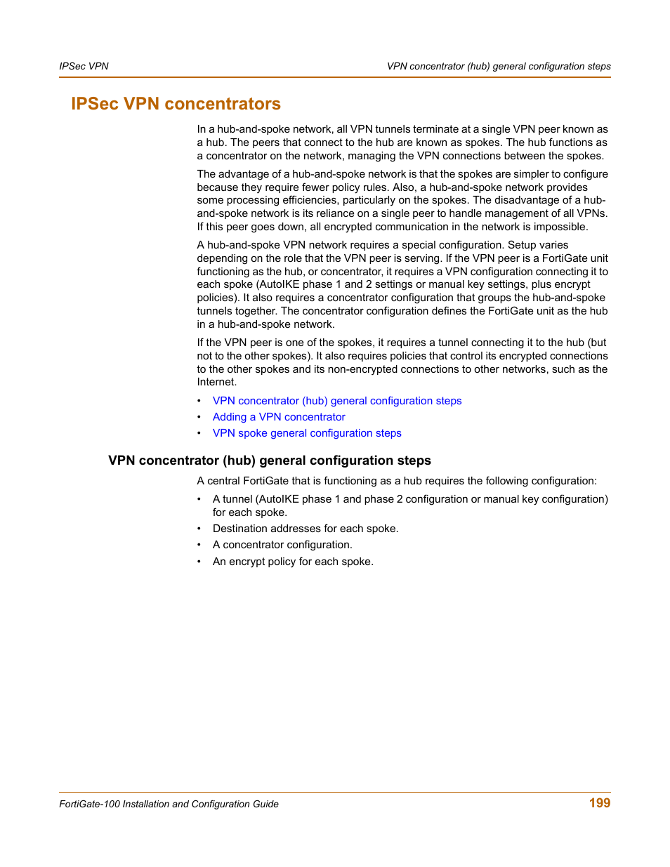 Ipsec vpn concentrators, Vpn concentrator (hub) general configuration steps | Fortinet FortiGate 100 User Manual | Page 199 / 272