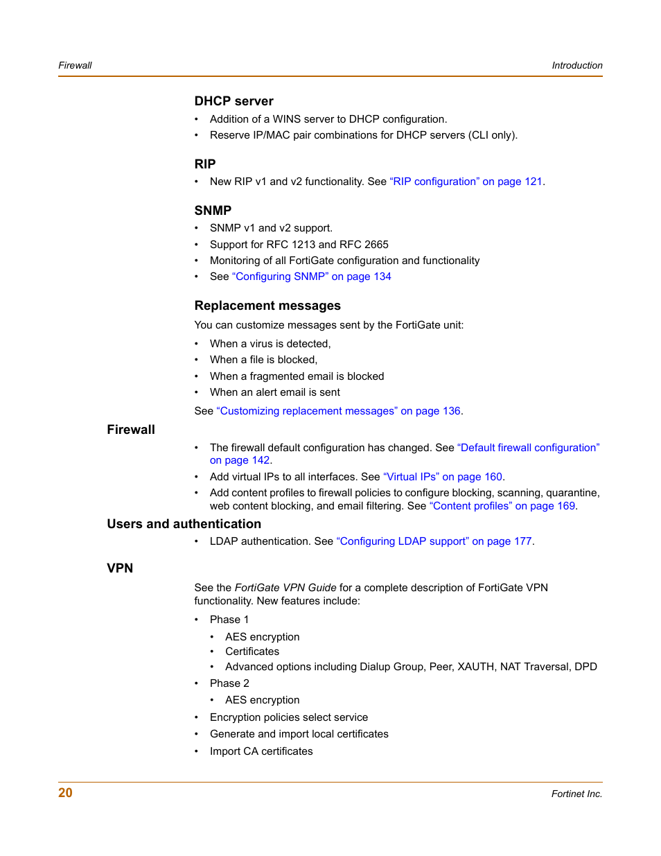 Dhcp server, Snmp, Replacement messages | Firewall, Users and authentication, Firewall users and authentication vpn | Fortinet FortiGate 100 User Manual | Page 20 / 272