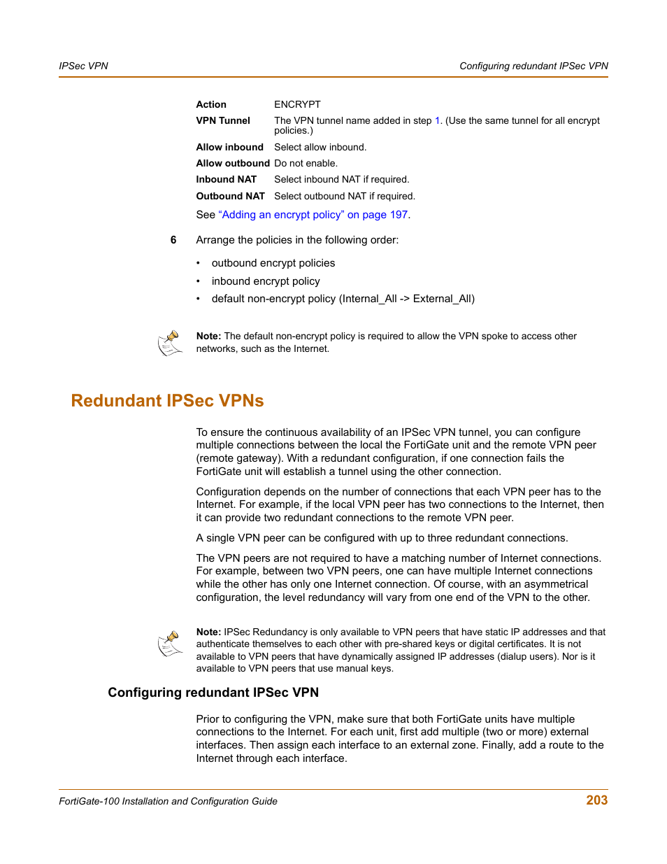 Redundant ipsec vpns, Configuring redundant ipsec vpn, Redundant ipsec | Fortinet FortiGate 100 User Manual | Page 203 / 272