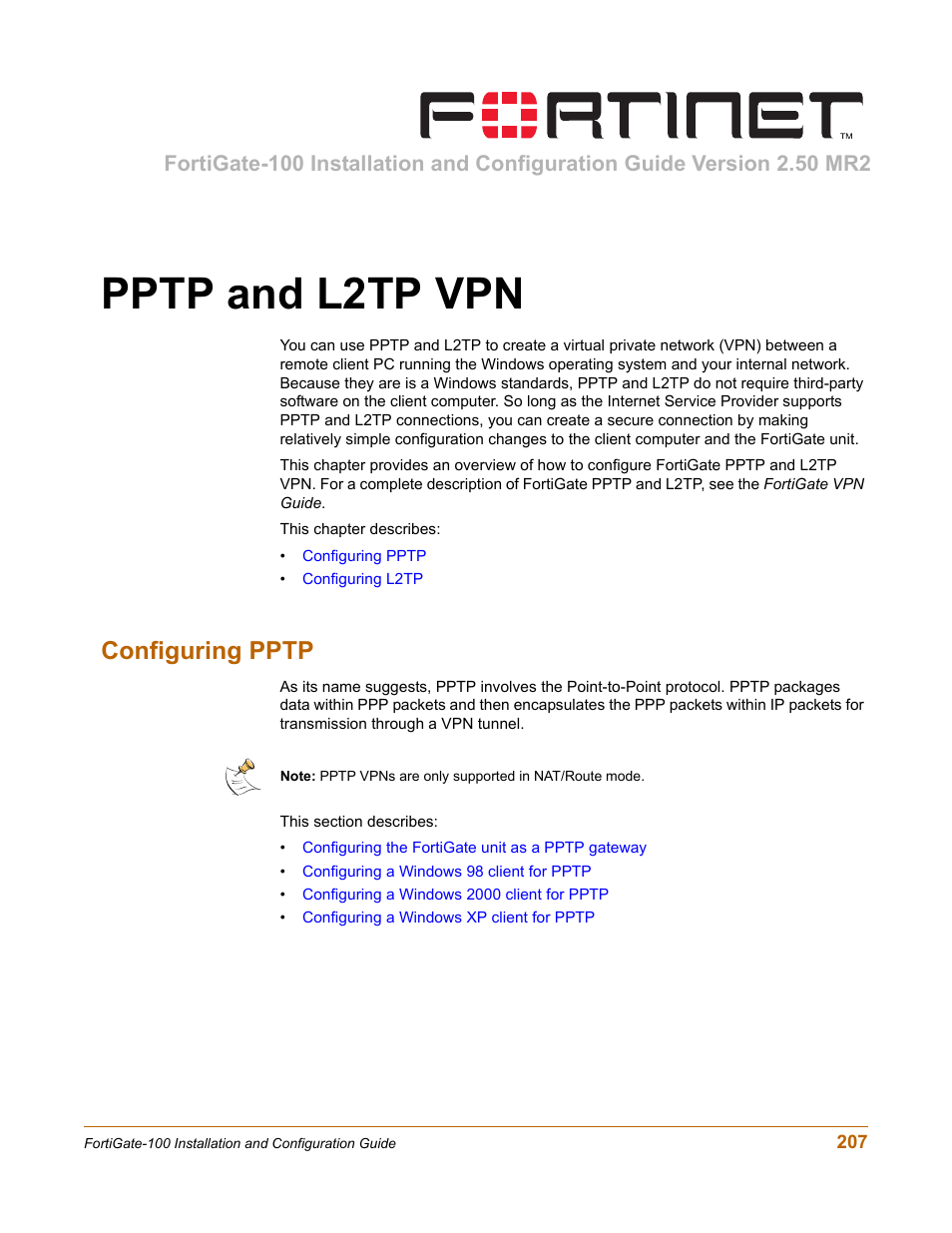 Pptp and l2tp vpn, Configuring pptp | Fortinet FortiGate 100 User Manual | Page 207 / 272