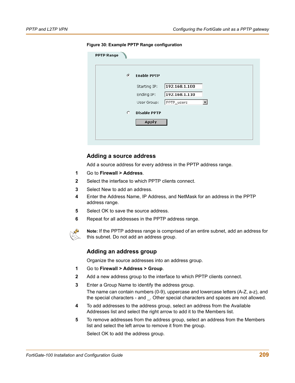 Adding a source address, Adding an address group | Fortinet FortiGate 100 User Manual | Page 209 / 272