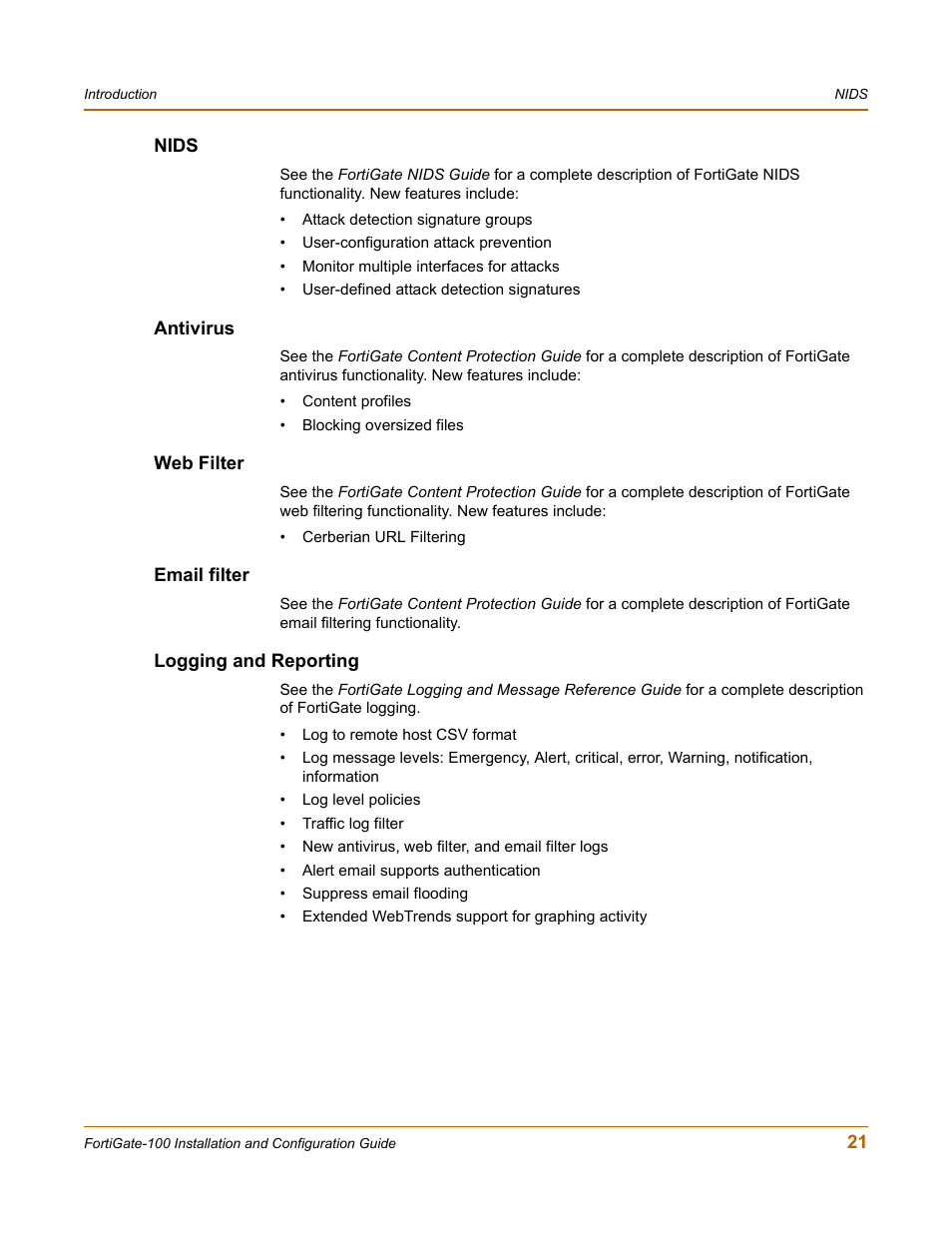 Nids, Antivirus, Web filter | Email filter, Logging and reporting | Fortinet FortiGate 100 User Manual | Page 21 / 272