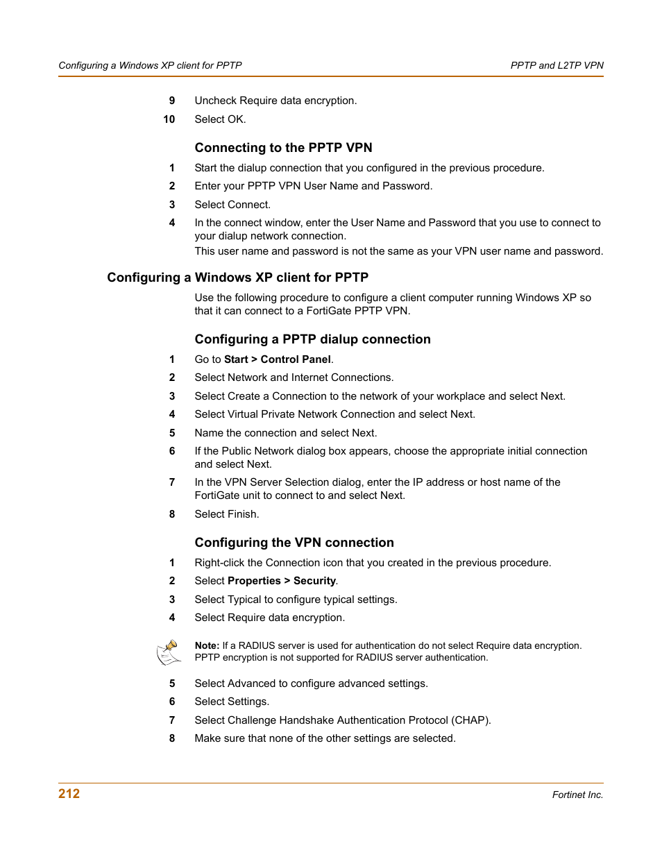 Connecting to the pptp vpn, Configuring a windows xp client for pptp, Configuring a pptp dialup connection | Configuring the vpn connection | Fortinet FortiGate 100 User Manual | Page 212 / 272