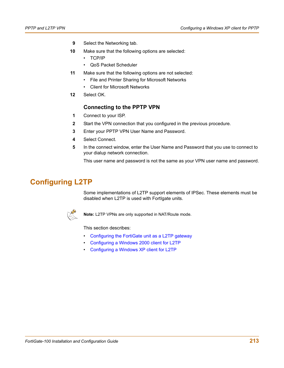 Connecting to the pptp vpn, Configuring l2tp | Fortinet FortiGate 100 User Manual | Page 213 / 272