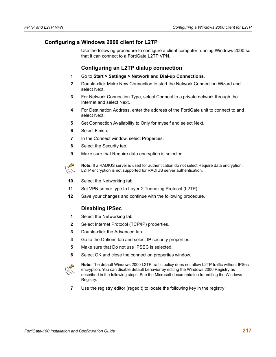 Configuring a windows 2000 client for l2tp, Configuring an l2tp dialup connection, Disabling ipsec | Fortinet FortiGate 100 User Manual | Page 217 / 272