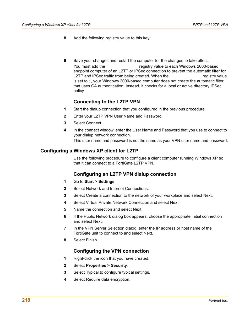 Connecting to the l2tp vpn, Configuring a windows xp client for l2tp, Configuring an l2tp vpn dialup connection | Configuring the vpn connection | Fortinet FortiGate 100 User Manual | Page 218 / 272