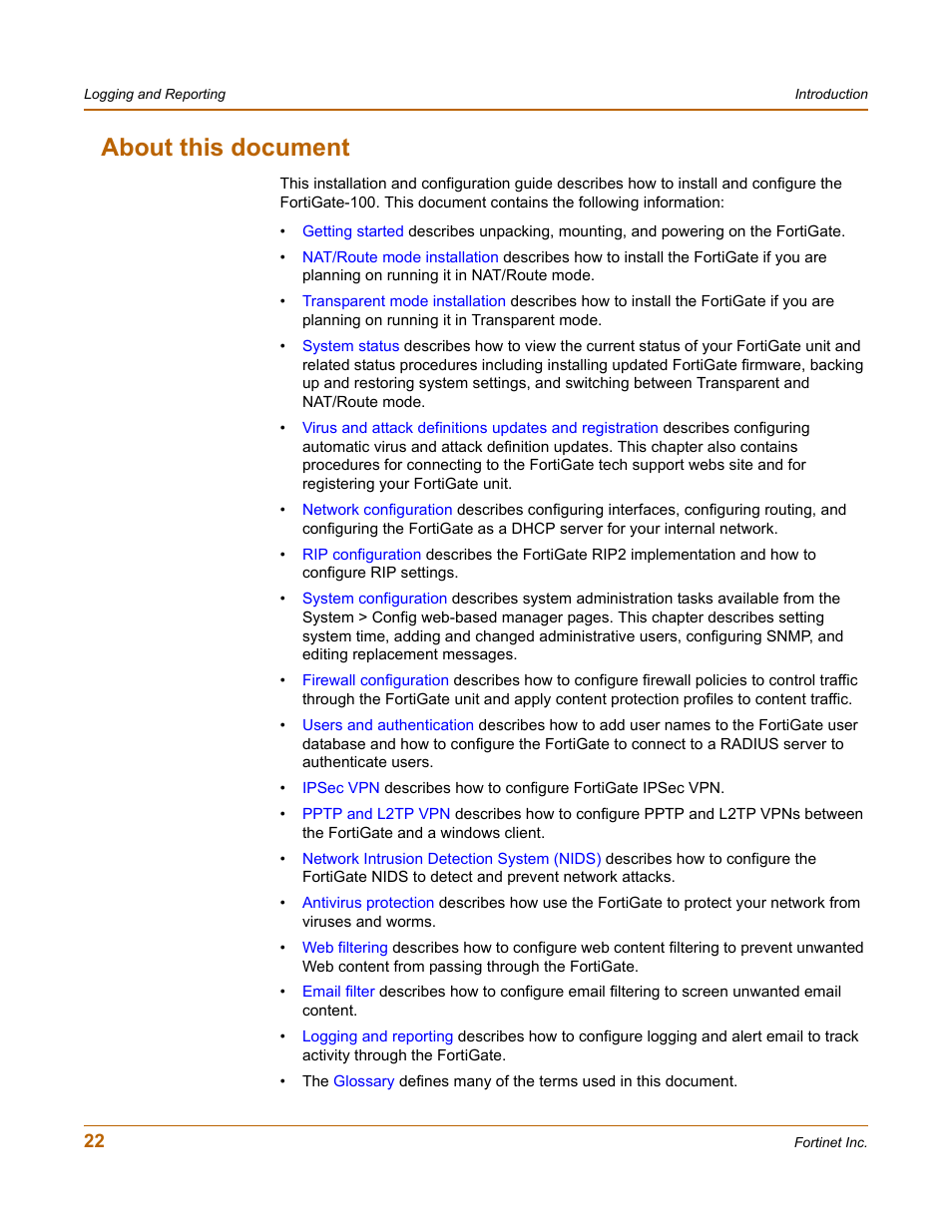 About this document | Fortinet FortiGate 100 User Manual | Page 22 / 272