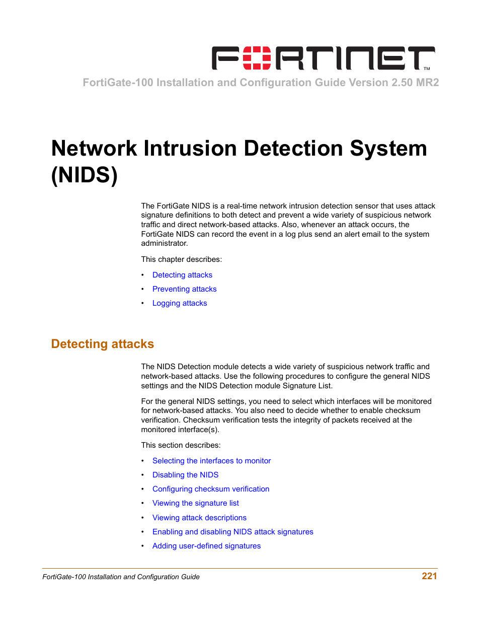 Network intrusion detection system (nids), Detecting attacks | Fortinet FortiGate 100 User Manual | Page 221 / 272