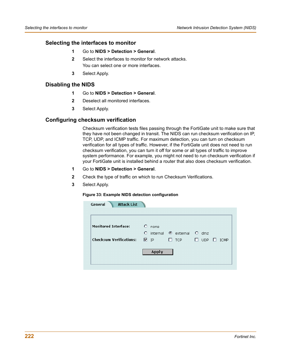 Selecting the interfaces to monitor, Disabling the nids, Configuring checksum verification | Fortinet FortiGate 100 User Manual | Page 222 / 272